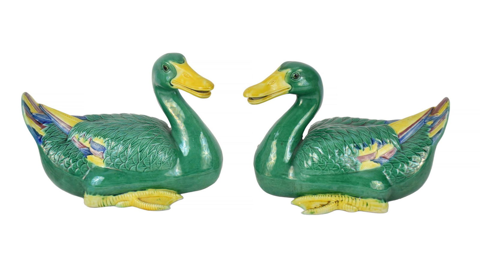 Pair Chinese Green & Yellow Porcelain Duck Figures - Glazed in colors of green, yellow, blue & rose. (1 of 7)