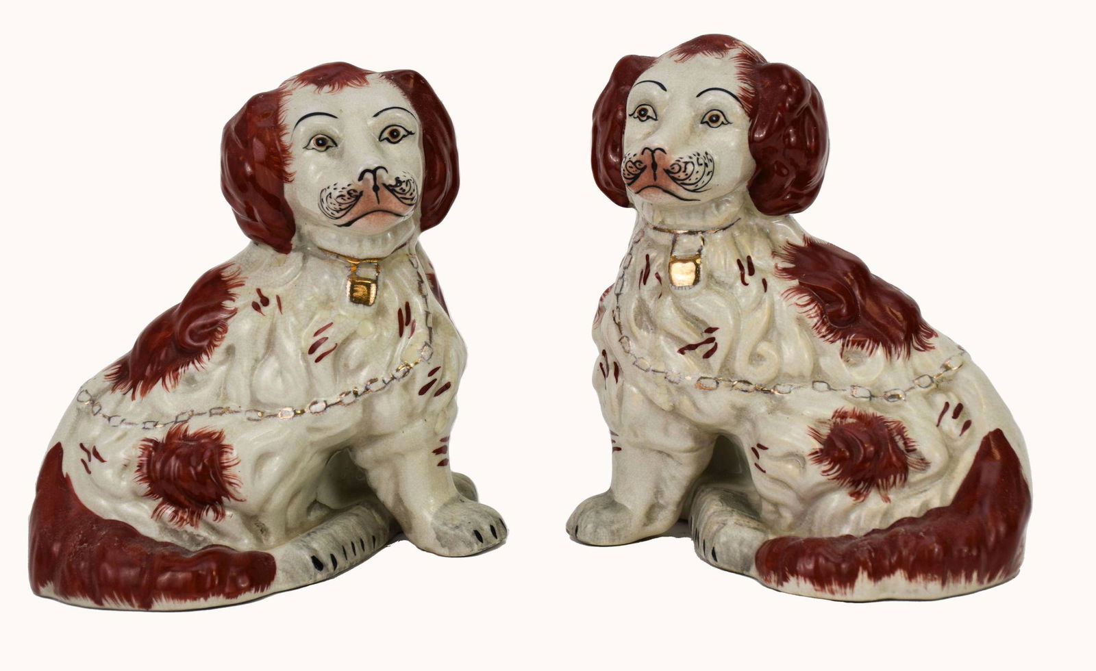 Pair Vintage Staffordshire Dog Figures - Ceramic dog figures with gilt details on collar and leash. (1 of 4)