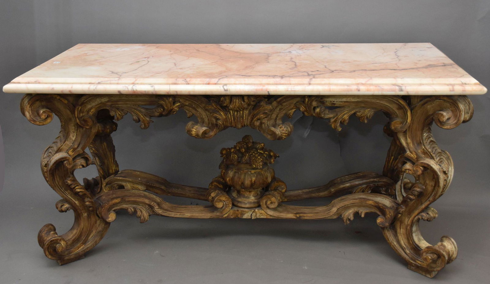 Elaborate Carved Console Base with Old World Type Finish, Rouge Marble Top, 34"h x 30"w x 69"d (1 of 6)