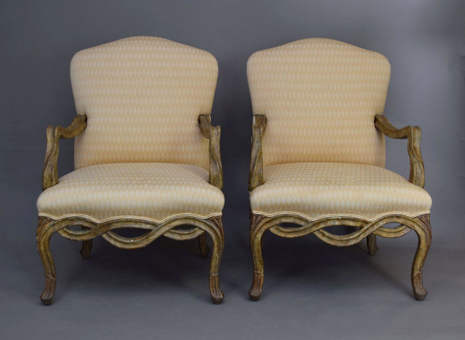 Pair Arm Chairs, Continental Stye, Heavily Carved on Cabriole Legs, Beige & Cream Upholstery (1 of 4)