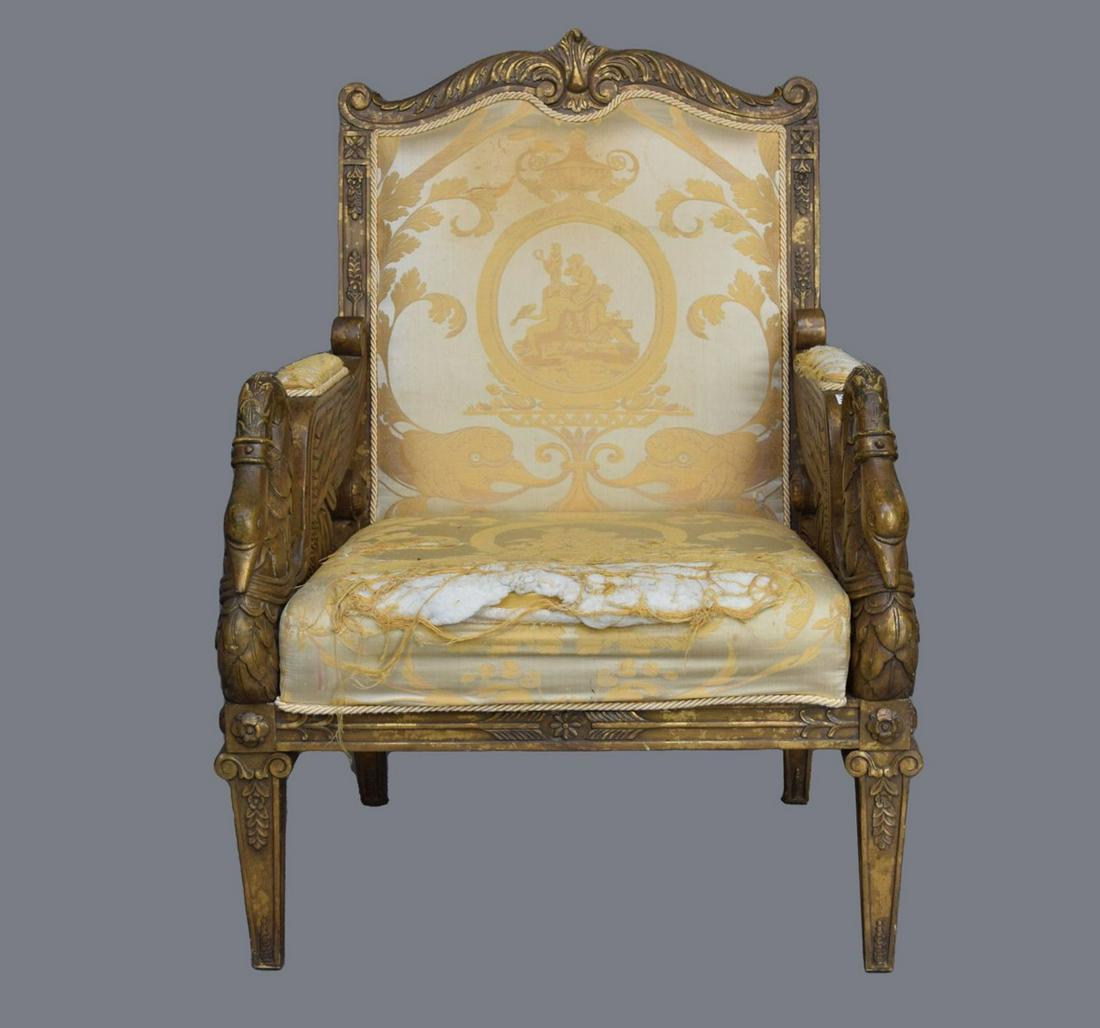 Gilded Swan Frame Oversized Arm Chair (Worn French Fabric) (1 of 6)