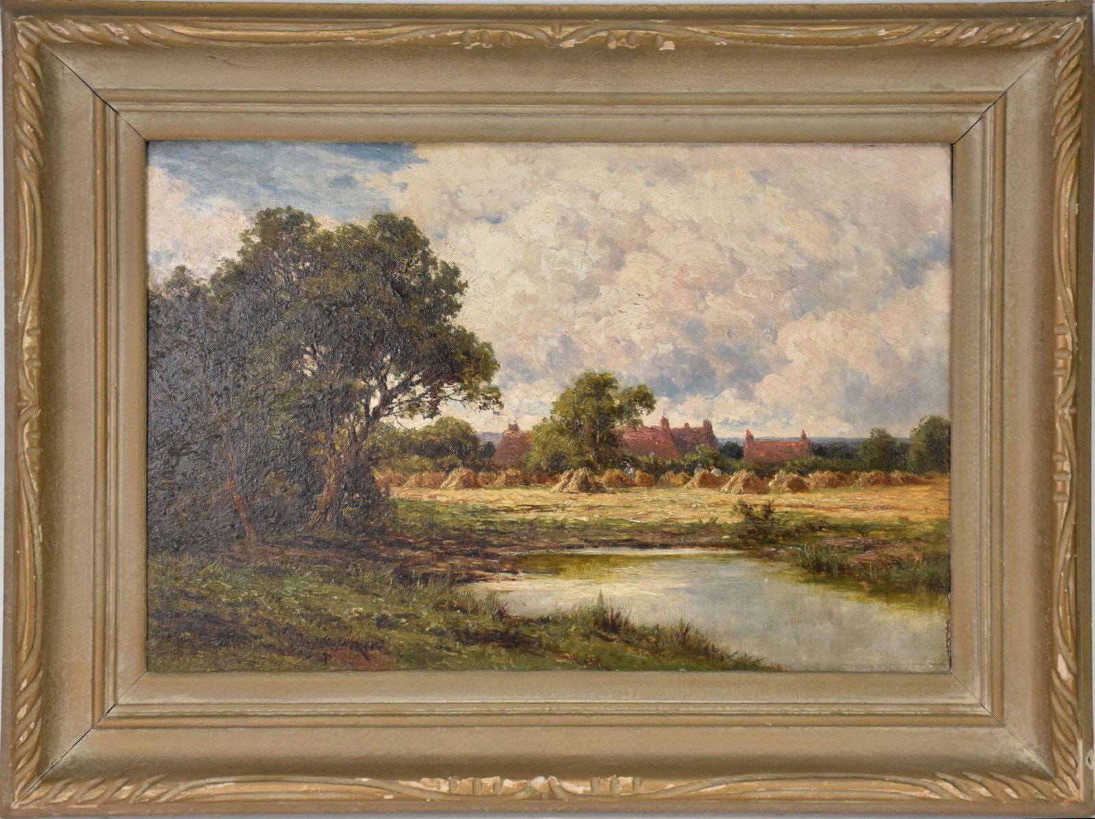 Henry Hillier Parker (British 1858 - 1930) oil on canvas, village hayfield scene, Sonning Berks, 12: Henry Hillier Parker (British 1858 - 1930) oil on canvas, village hayfield scene, Sonning Berks, 12 x 18 inches