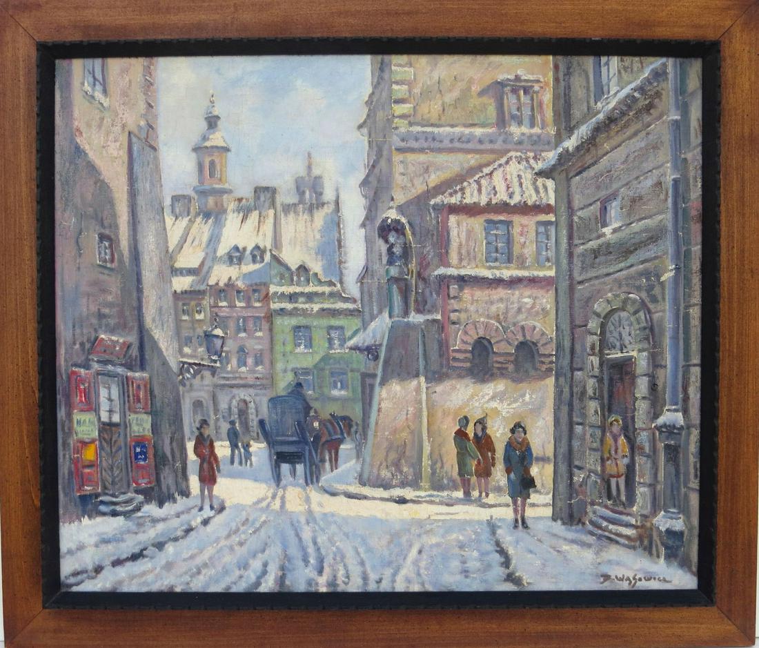 DARIUS WASOWICZ, (Poland, 1910-1973), Oil/Canvas mounted on board, WINTER CITY STREET SCENE; 19 ½ (1 of 8)