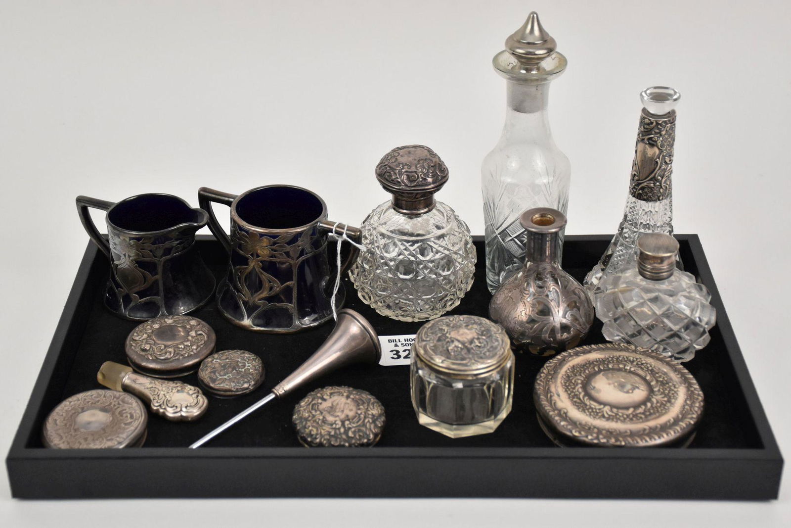Crystal and Sterling Silver Lot.  Sterling lidded crystal jars and silver overlay sugar and creamer. (1 of 5)