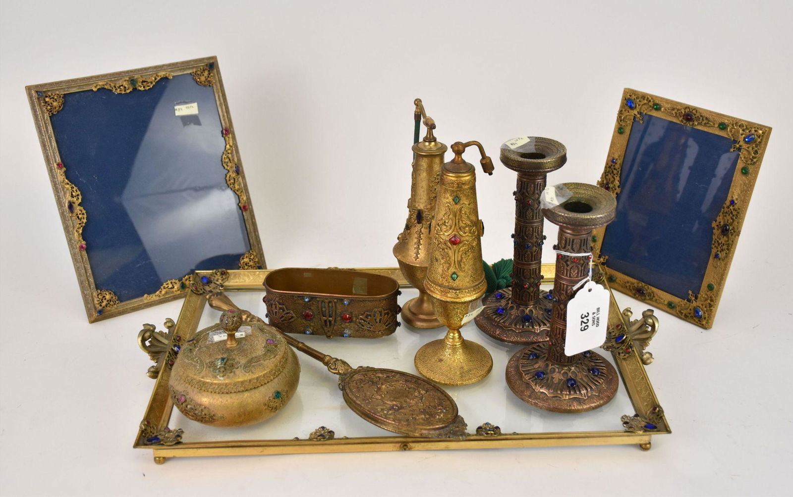 Vintage 10 pc. German/Czech Jeweled Gilt Dresser Vanity Tray, Atomizers, Candlesticks, Puff Box and (1 of 10)