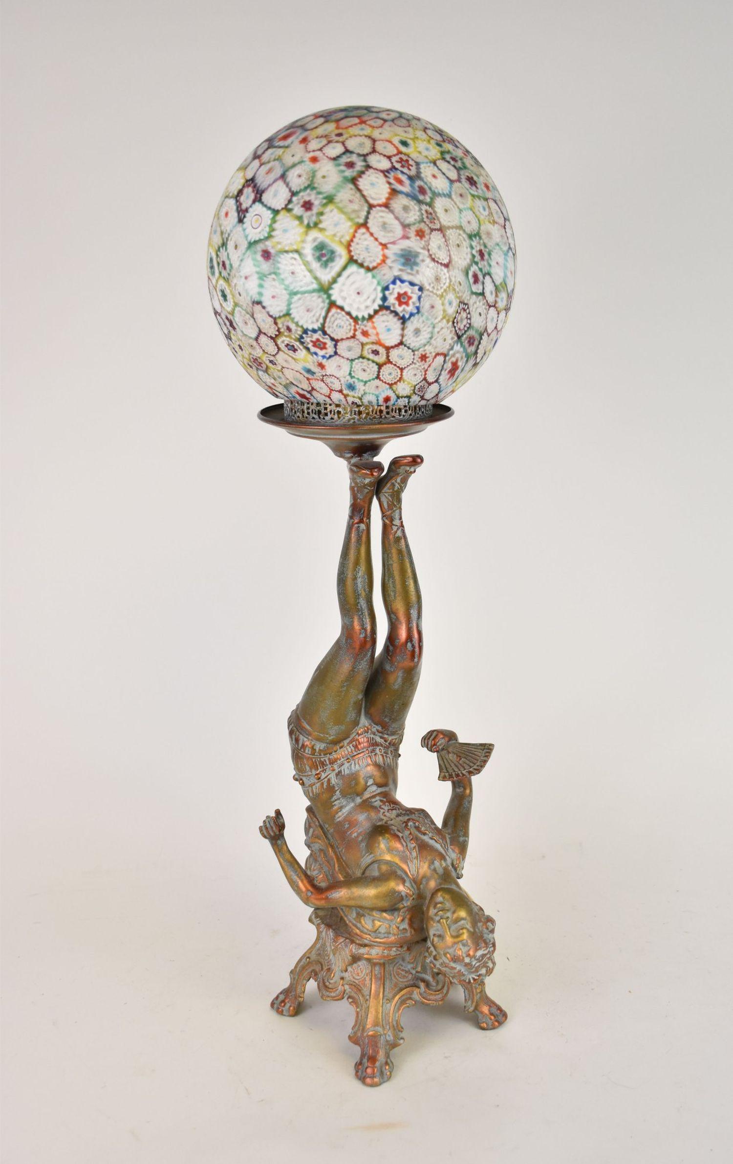 Art deco Lady Table Lamp, legs up with Millefiori Ball Shade, working, 25 1/2"h (1 of 6)