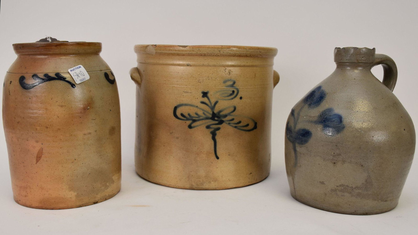 3 American 19th c. Crocks, 10"h x 11"dia, Jug 11"h and jar with lid 10"dia (1 of 5)