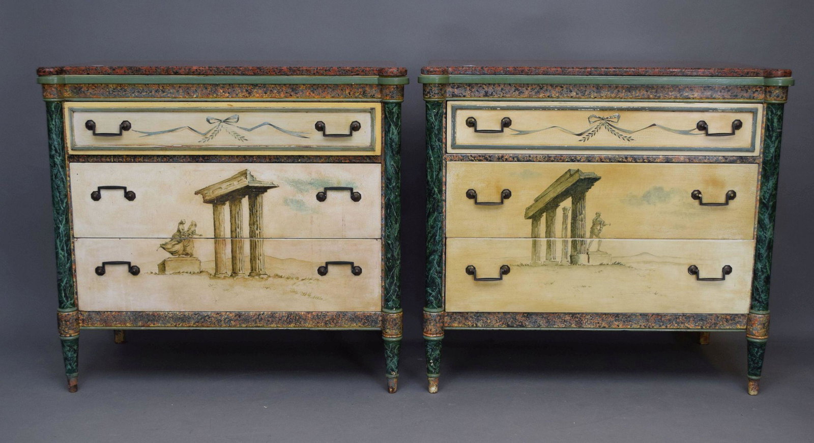 Pair 3 Drawer Chests, Tromp Loeil Painting On Fronts, Faux Bois, Faux Green Marble with Red Marble (1 of 7)