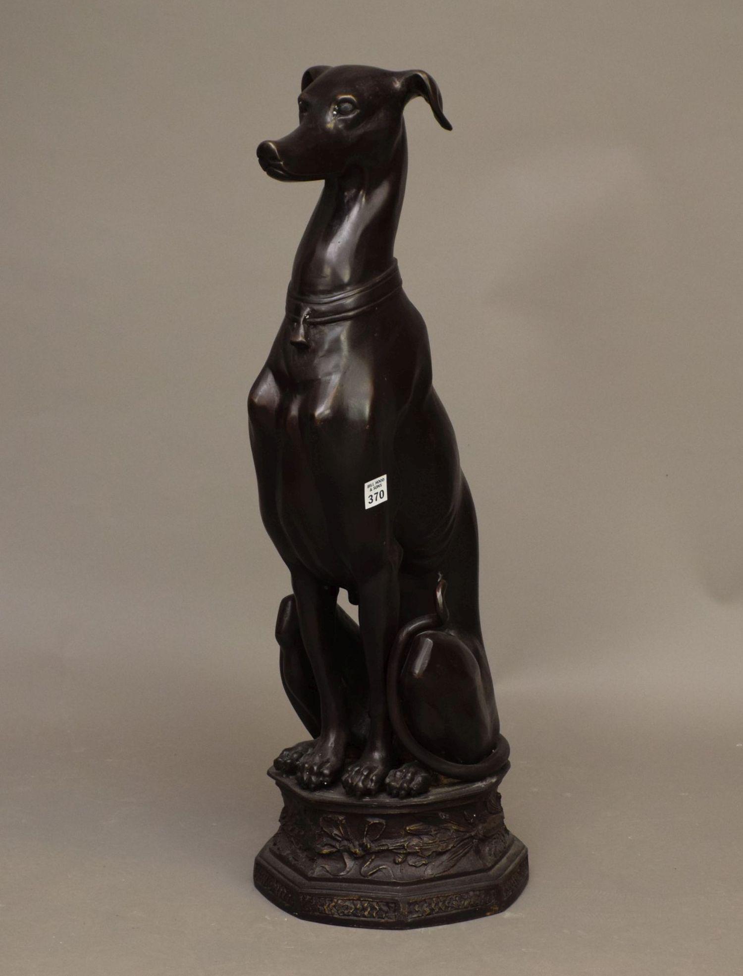 Large Bronze Sitting Greyhound Dog Figure - A patinated bronze figure of a female greyhound sitting (1 of 5)