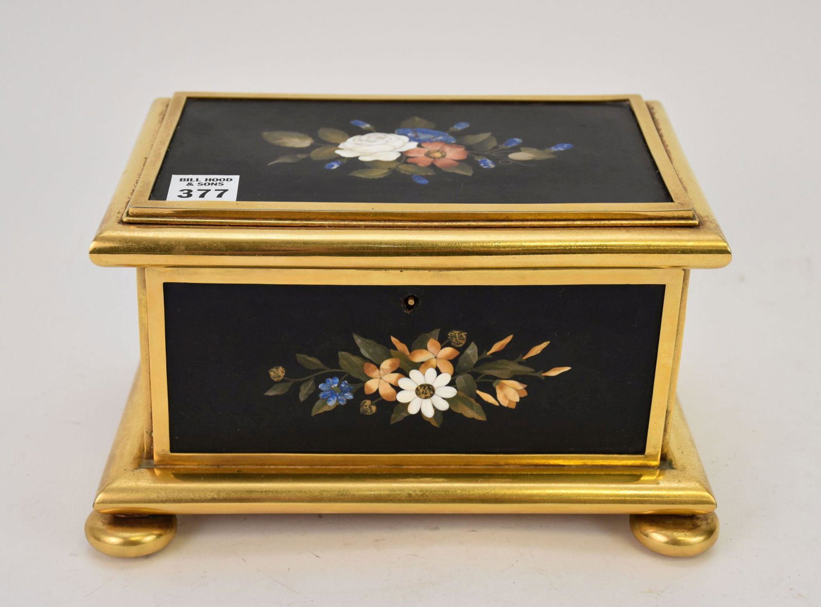 Vintage Pietra Dura Large Dresser Box/Document Box, Bunn feet, Dore Bronze, fittings with Pietra (1 of 8)