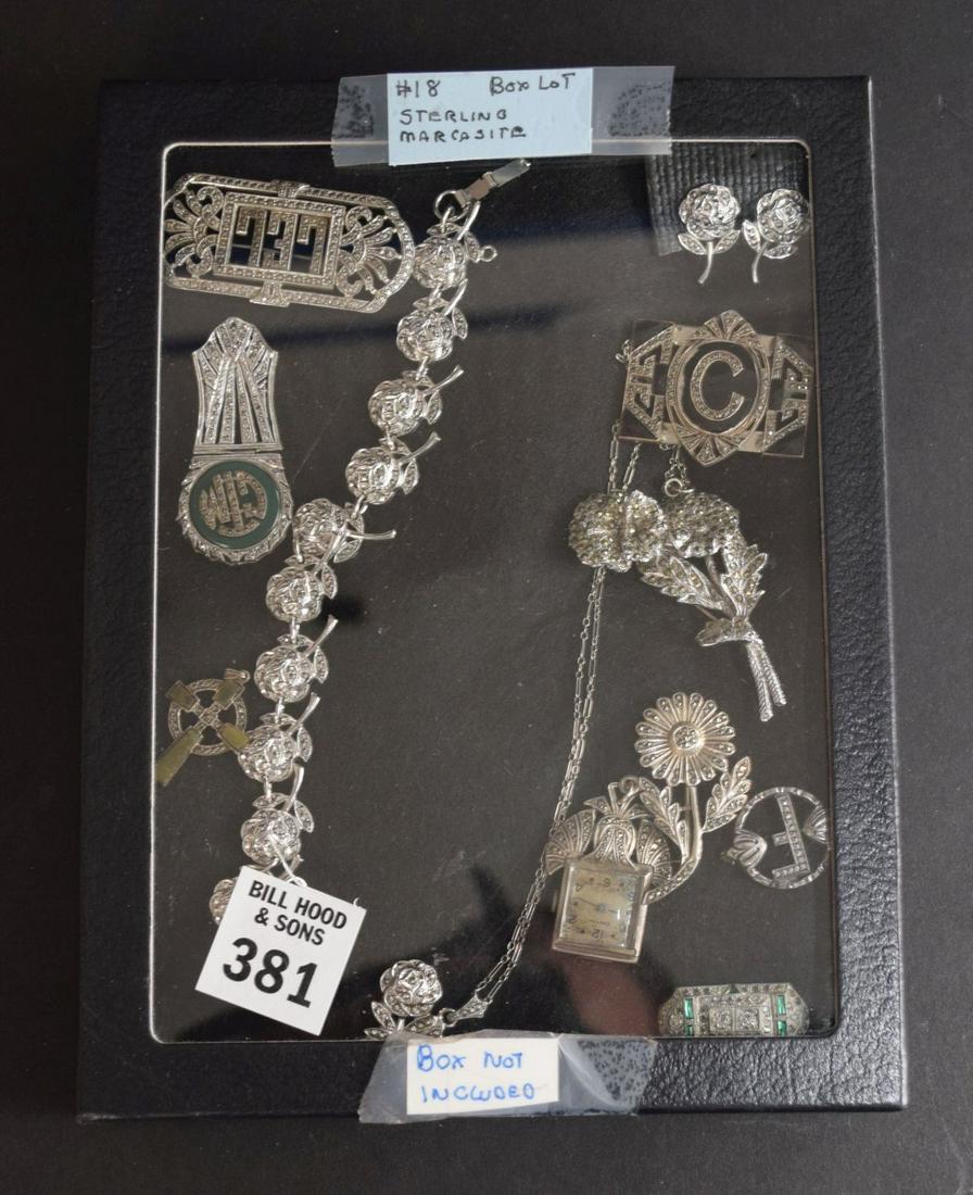 Box Lot Sterling Marcasite Pins, Necklace, Bracelet, Lapel Watch, Earrings: Box Lot Sterling Marcasite Pins, Necklace, Bracelet, Lapel Watch, Earrings