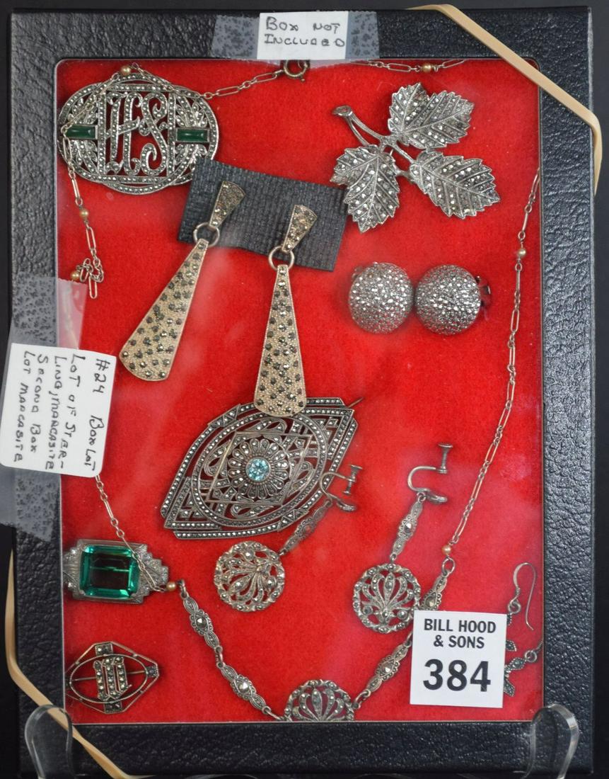 Box Lot of Vintage Sterling Marcasite pins, necklace, earrings (1 of 2)