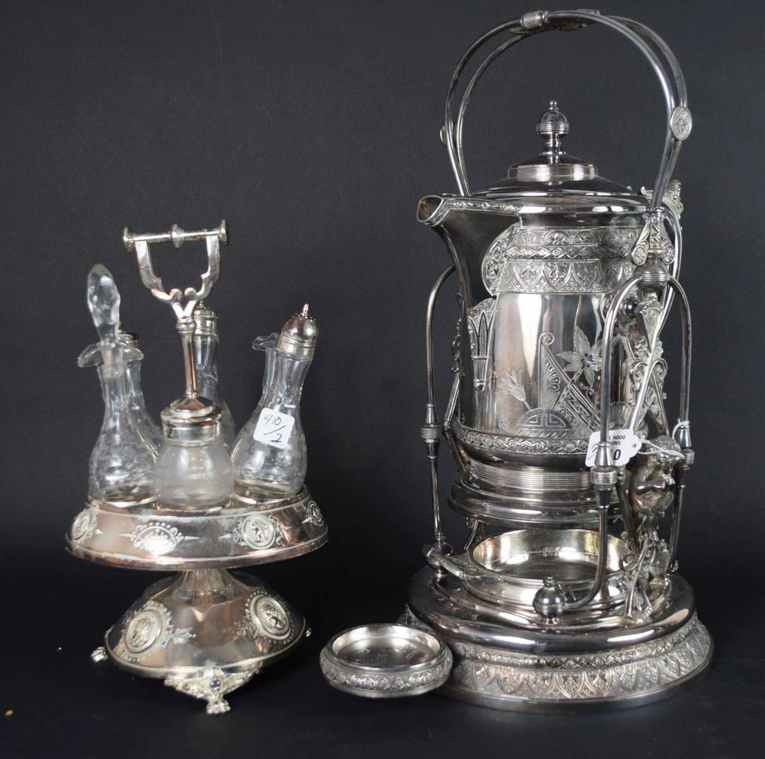 Silver Plate Victorian Hot Water Kettle on Stand And Tantalus with 6 Bottles (1 of 7)