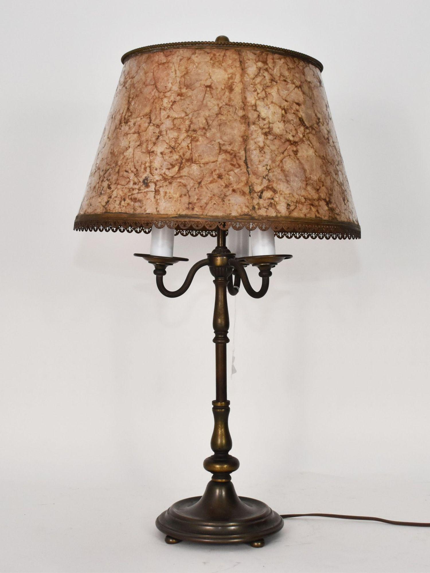 1930s Brass Lamp Mica/Capiz Shade - A 3-light brass lamp with candelabra arms and a Mica/Capiz shade (1 of 5)