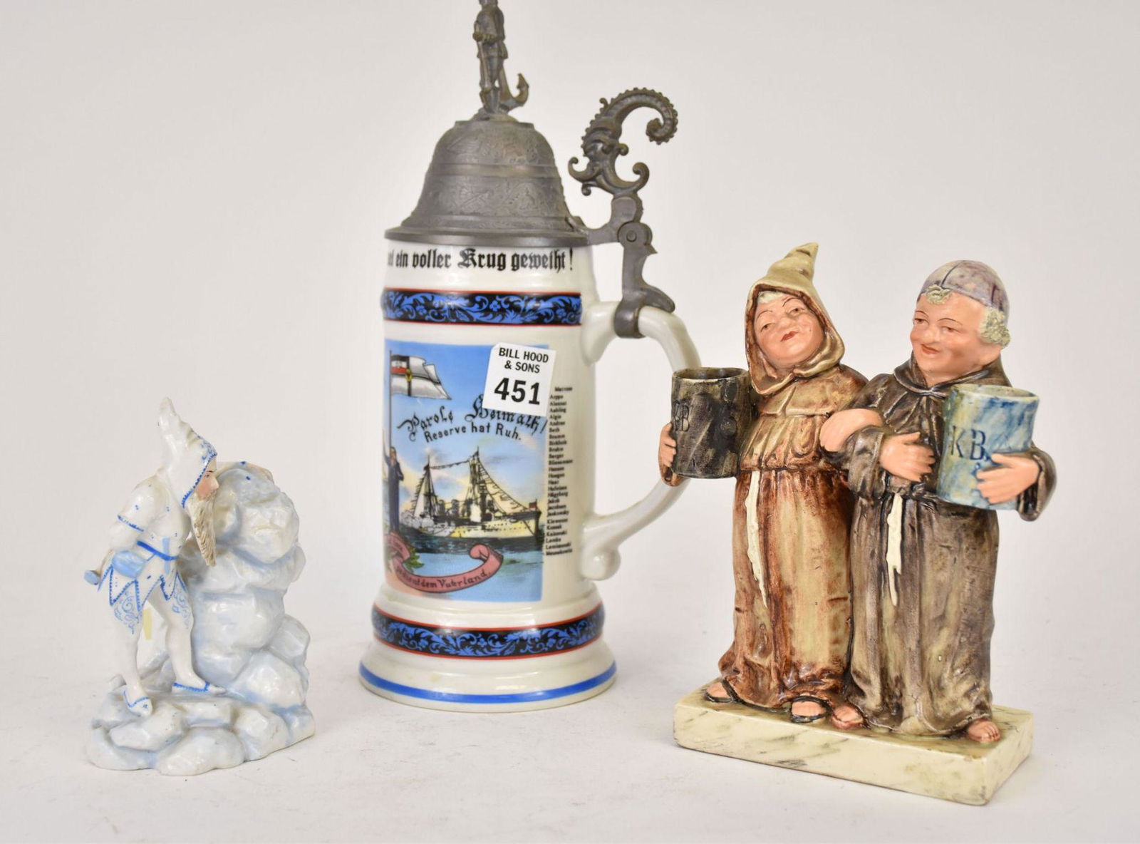 3 pc. Vintage Regimental Beer Stein, German porcelain twin monks figurine, German elf by rocks spill (1 of 8)