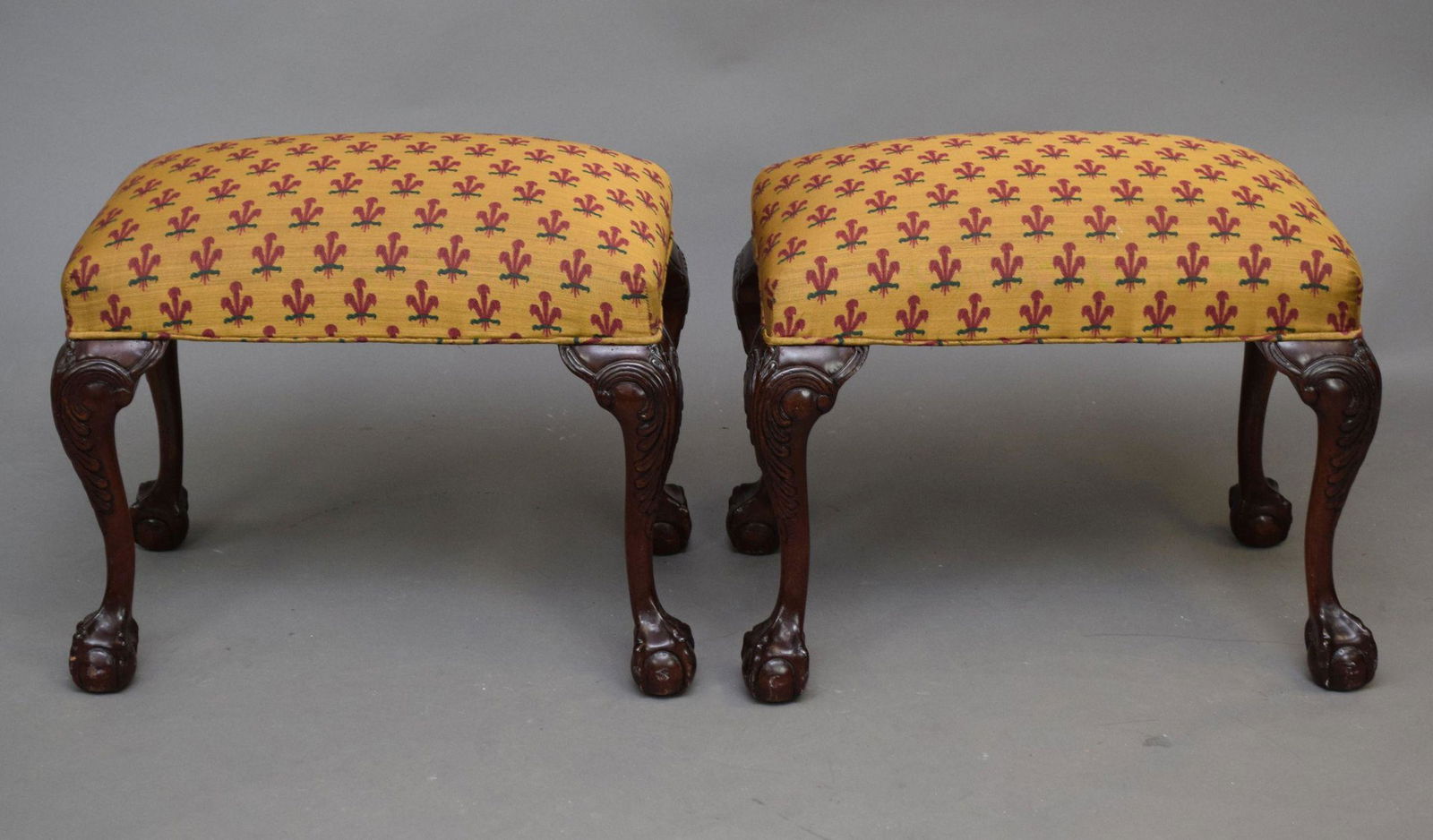 Pair Chippendale Style Benches, Gold & Red Upholstery, 18"h x 22"w x 15"d (1 of 7)