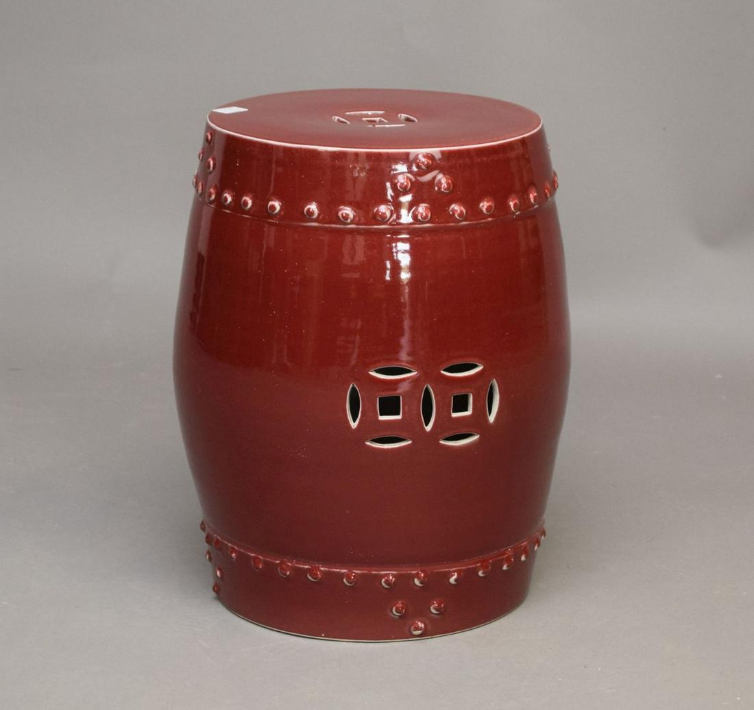 Red Ceramic Garden Stool, 18"h x 12"dia (1 of 4)