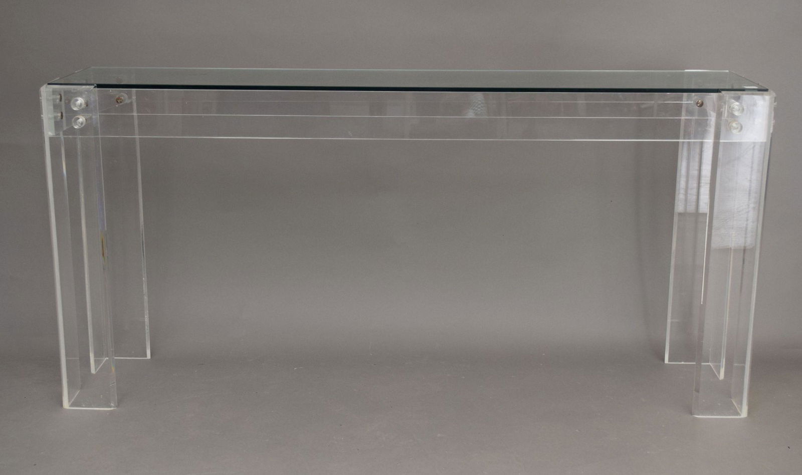 Lucite Frame Console with Glass Top, 29"h x 60"w x 10"d: Lucite Frame Console with Glass Top, 29"h x 60"w x 10"d