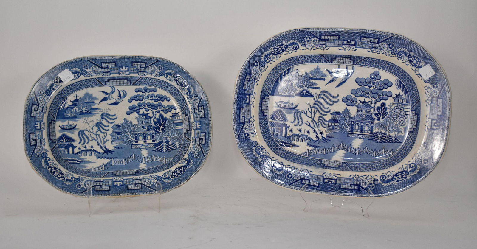 Two Antique English Blue Willow Platters - Larger marked "Warrented Stone China", 18 1/4" x 14 5/8". (1 of 6)