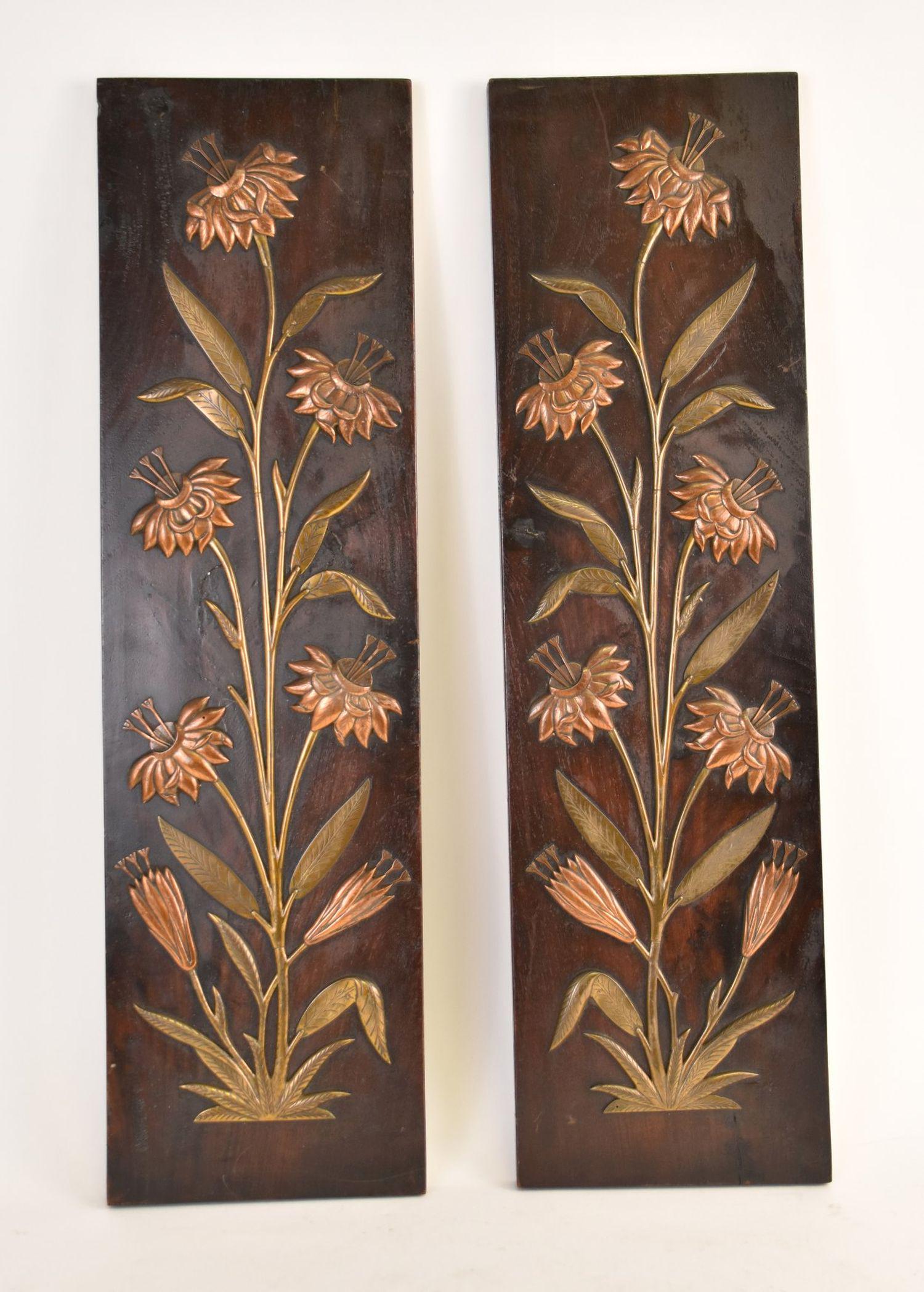 Pair Asian Mixed Metal  Wood Wall Plaques - A pair of wood plaques with floral overlay in copper & (1 of 2)