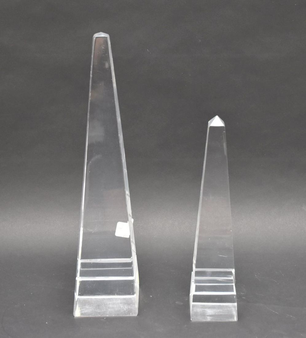 Two Clear Acrylic Obelisks - Larger - 17 1/8" h, Smaller - 12 1/2" H. Condition: Smaller has some (1 of 3)