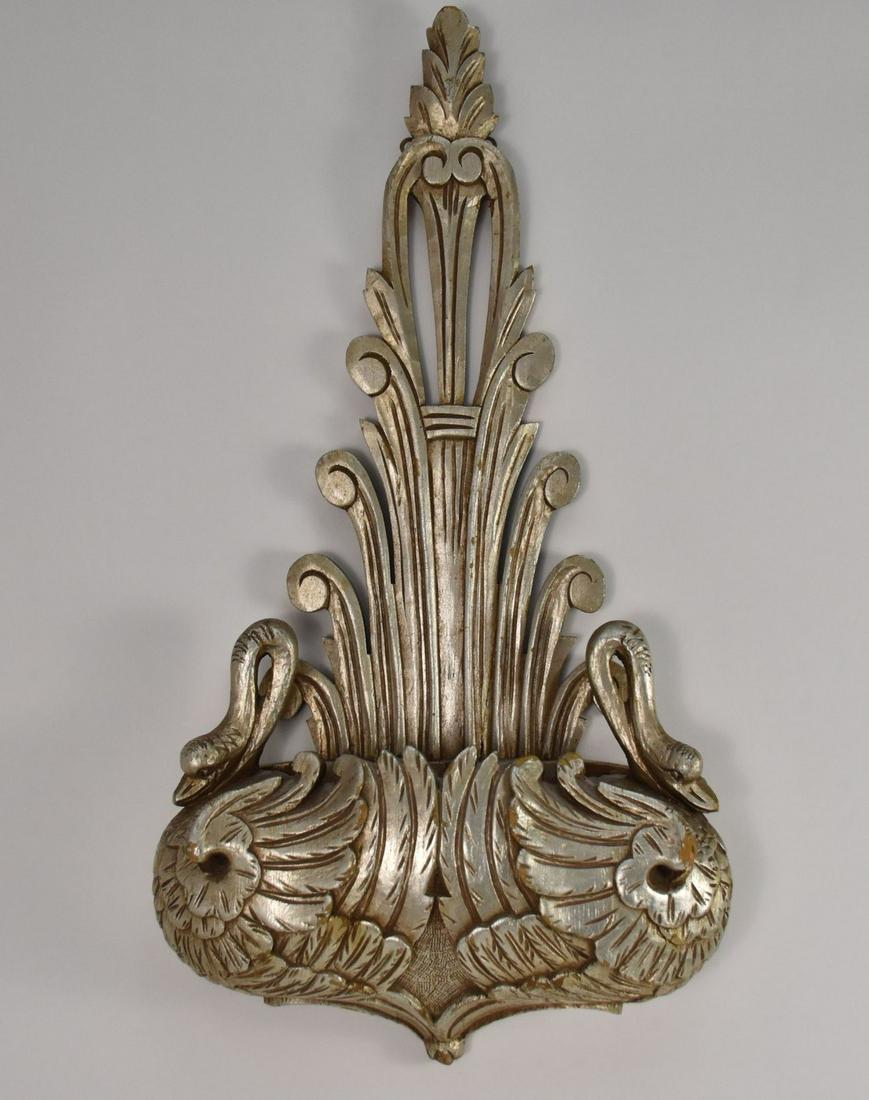 Deco Carved & Silvered Wood Wall Pocket - A hand-carved wall pocket featuring two Swans. 27 1/2" h x (1 of 5)