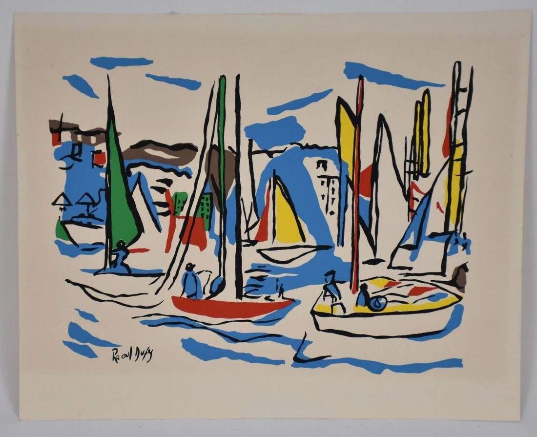 Rauol Dufy (French, 1877-1953) Mid-Century Sailboats Serigraph Silkscreen - 16" x 13". Cotton rag: Rauol Dufy (French, 1877-1953) Mid-Century Sailboats Serigraph Silkscreen - 16" x 13". Cotton rag paper. Some very minor age discoloration.