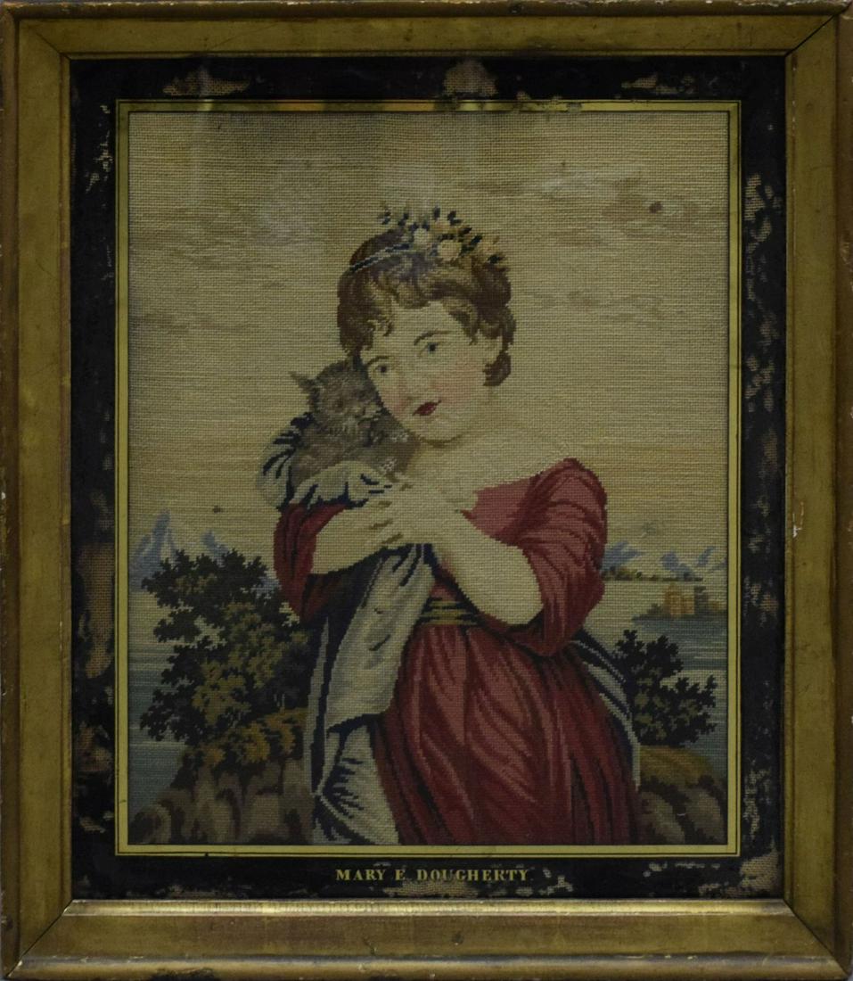 19th Century Framed Needlepoint - Featuring a young girl with a kitten. Gilt lettering on glass (1 of 5)