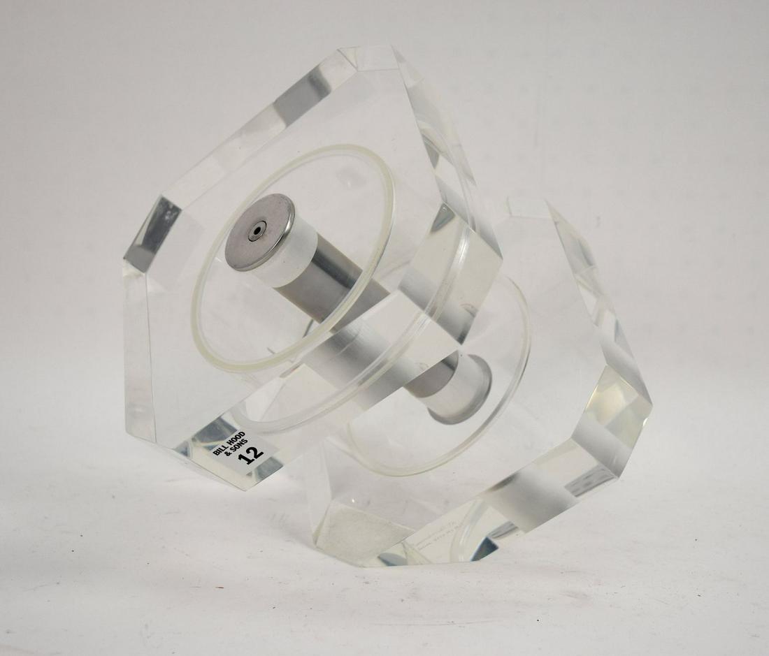 Jeff Messerschmidt MCM Lucite Platform 'Pipe' Sculpture Stand - A mid-century modern Lucite stand: Jeff Messerschmidt MCM Lucite Platform 'Pipe' Sculpture Stand - A mid-century modern Lucite stand with metal accents. Signed at side "Jeff Messerschmidt 72, S.T. Series 4000 MS #11". 7 3/4" H x 8" W x