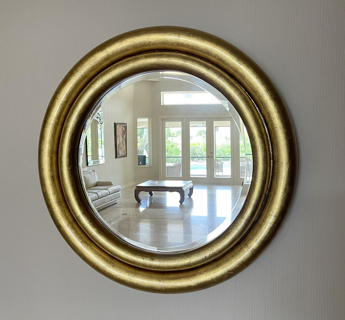 Hollywood Regency Double Framed Round Mirror, Gold Foil Motif, 41"dia (1 of 5)