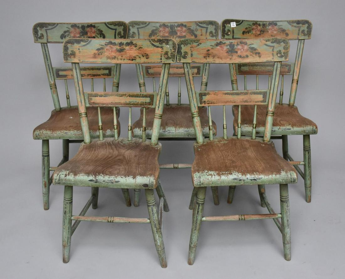 5 Painted American Plank Bottom Pine Chairs, Apple Green with Stenciled Backs (1 of 4)