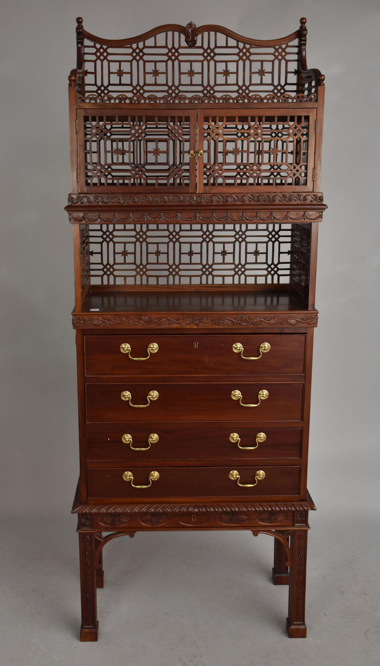 A Mahogany Carved Fall Front Desk and Bookcase, 20th Century, Commercial quality.  Reticulated top (1 of 9)