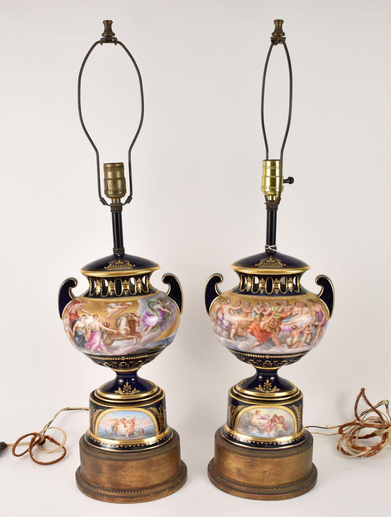 Pair Fine Painted Continental Lamps with Allegorical Scenes on Custom Wood Bases, 22"h to top of (1 of 13)