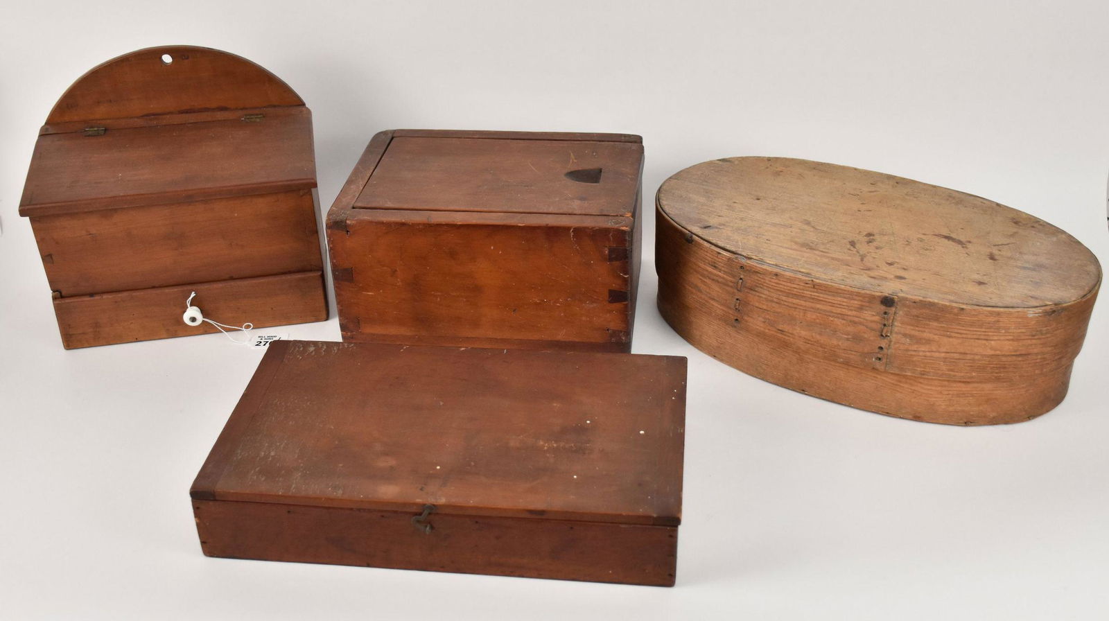 4 American 19th c. Wood Boxes, Oval Brides Box, Candle box, Seed Box and Lidded Box With Drawer (1 of 8)