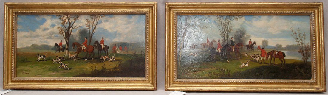 British School, Pair of Antique hunt scenes, oil on: British School, Pair of Antique hunt scenes, oil on panel, signed R. Stone, 6"x12"