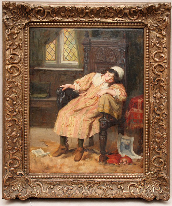 George Sheridan Knowles (BRITISH, 1863-1931) oil o: George Sheridan Knowles (BRITISH, 1863-1931) oil on panel, young girl sleeping in Chair, slr also dated '92, also has sketch of woman on verso see pictures, painting size approx 14"x10" in antique fra