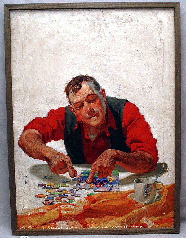 Stockton (Mitchell Stockton) Mulford (New York Il: Stockton (Mitchell Stockton) Mulford (New York Illustrator 1886 - 1960) oil on canvas, Man with puzzle, 30"x22"