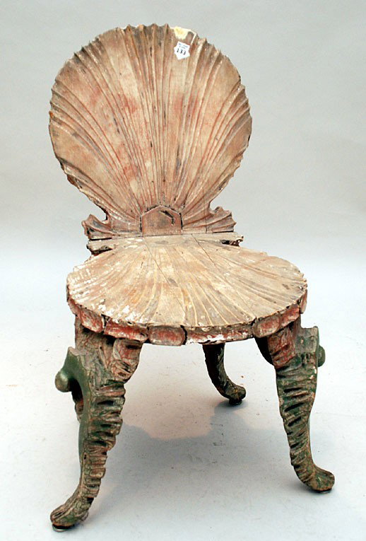Grotto side chair with shell carved back and seat,: Grotto side chair with shell carved back and seat, fabulous natural finish (some damage and repairs) & slight insect damage