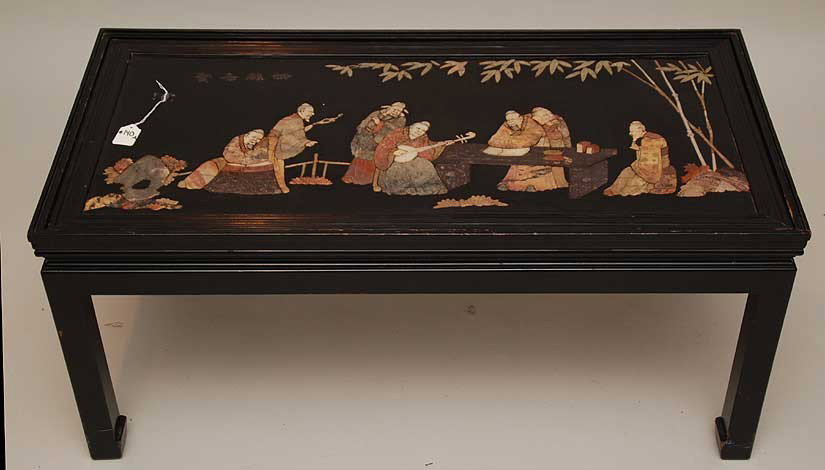Chinese Table With Inlaid Stone Carvings. Condit: Chinese Table With Inlaid Stone Carvings. Condition: good for it's age. Lth 36"