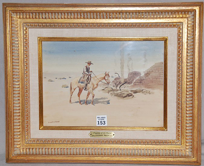 Leonard Howard Reedy (American 1899 - 1956) water: Leonard Howard Reedy (American 1899 - 1956) watercolor "Tragedy of the Plains" Wally Findlay Galleries label on verso, 9"x12"