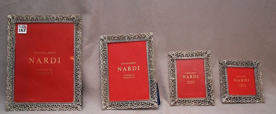 4 graduated silver picture frames "Nardi Gioieller: 4 graduated silver picture frames "Nardi Gioielleria Venezia Padova" largest 11"h x 8 1/2"w and smallest 5" x 5" (glass missing from smallest frame)