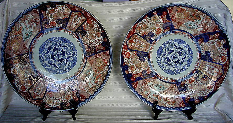 PR MONUMENTAL ANTIQUE IMARI CHARGERS 24"A rare pai: PR MONUMENTAL ANTIQUE IMARI CHARGERS 24"A rare pair of monumental sized Japanese Imari chargers, each measuring 24" in diameter; no chips, cracks or repairs.