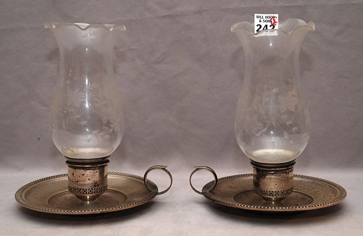 Pair of sterling candle holders with thumb ring an: Pair of sterling candle holders with thumb ring and etched glass shades, 16oz with shades, 8"h