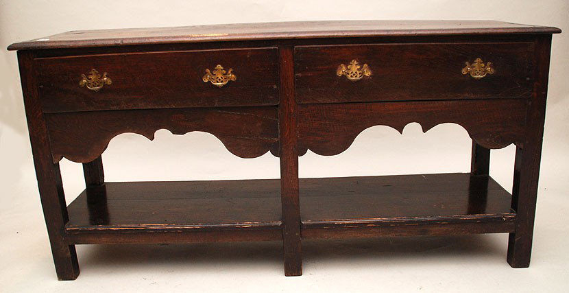 2 drawer Elm Welsh dresser with shelf, 18th c, 28: 2 drawer Elm Welsh dresser with shelf, 18th c, 28 1/2"h x 58"w x 16 1/4"d
