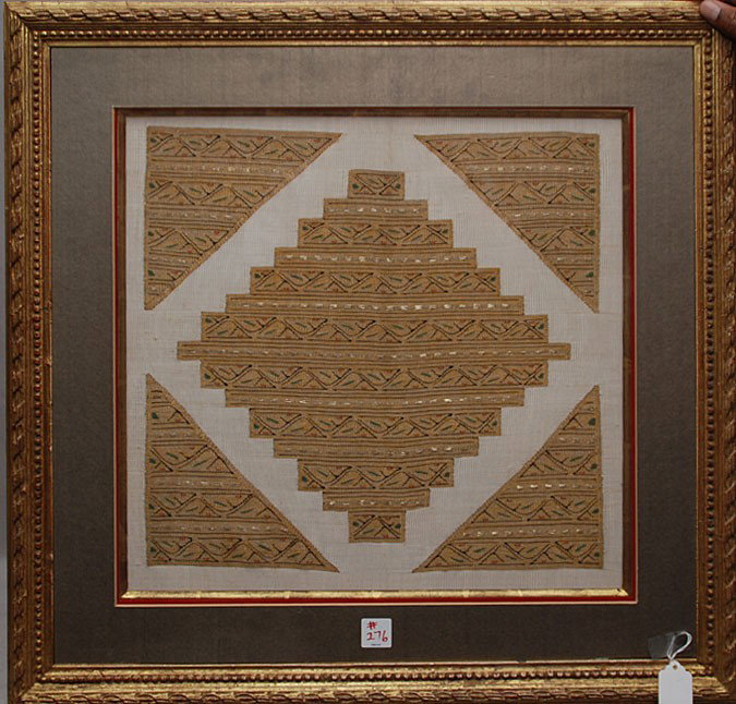 Pr. of framed Persian Antique silk tapestries, han: Pr. of framed Persian Antique silk tapestries, hand woven and embroidered in gold thread, possible tent hangings. Letter on verso says they could be 200 to 250 years old. 17"x17"