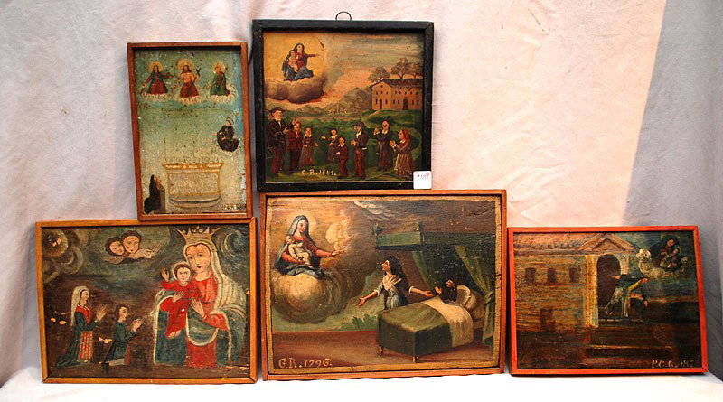 (5) Five Ex Voto sold together: Italy 18th/19th : (5) Five Ex Voto sold together: Italy 18th/19th & some 20th Century, oil on wood Various Scenes ranging from 6" to 14" This lot is part of a collection from a Delray Beach Estate. The owner owned a la