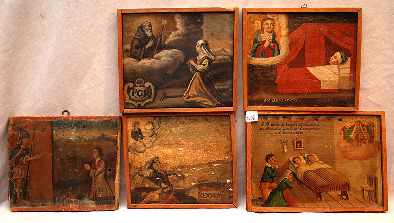 (5) Five Ex Voto sold together: Italy 18th/19th &: (5) Five Ex Voto sold together: Italy 18th/19th & some 20th Century, oil on wood Various Scenes ranging from 10" to 11" This lot is part of a collection from a Delray Beach Estate. The owner owned a l
