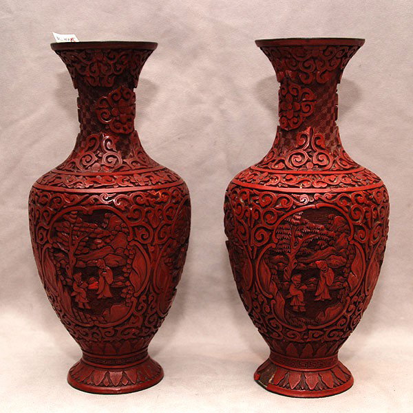 Pr. Of Cinnabar vases, 10"h x 5"L: Pr. Of Cinnabar vases, 10"h x 5"L