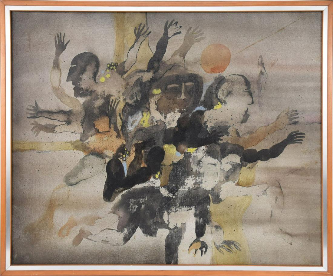 ALDO AMADOR (1940-2008) Cuban, 20th Century Untitled, 1980 Oil on canvas, Depicting various figures.: ALDO AMADOR (1940-2008) Cuban, 20th Century Untitled, 1980 Oil on canvas, Depicting various figures. Signed and dated left middle. H. 23.5” x W. 29.5” Framed.