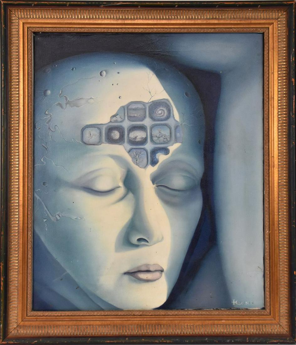 ELOISA CASTELLANOS (b. 1938) Cuban, 20th Century, Meditacion #2, 1976. Oil on canvas H. 24” x W. 20”: ELOISA CASTELLANOS (b. 1938) Cuban, 20th Century, Meditacion #2, 1976. Oil on canvas H. 24” x W. 20” Frame: H. 29” x W. 25”